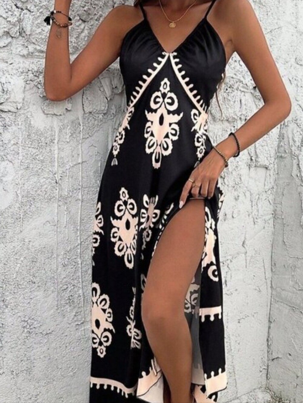 Black Boho Women's Floral Print Split Thigh Cami Dress
